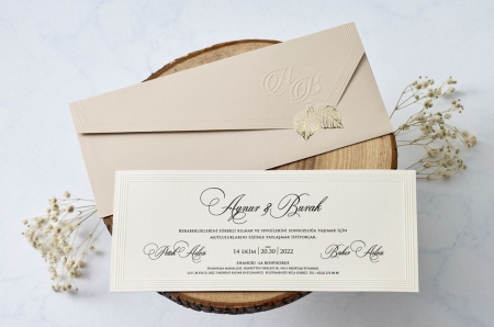 Nunta - Invitatie de nunta cu frunza crem / bej cu model auriu - cod 1171
