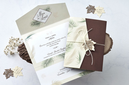Nunta - Invitatie de nunta naturala verde cu frunze si snur - cod 1177