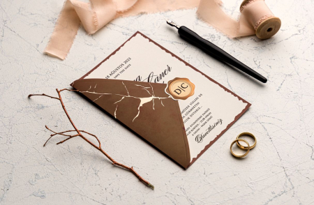 Nunta - Invitatie de nunta vintage maro de tip plic - cod 9125