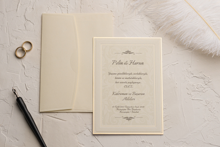 Nunta - Invitatie eleganta crem / bej cu model auriu - cod 9132