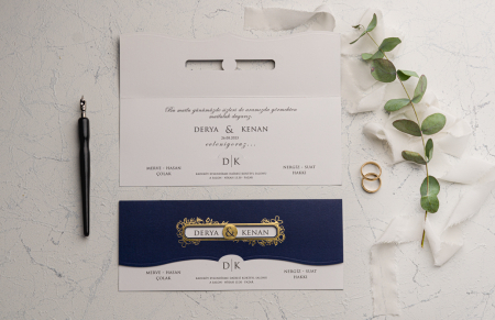 Invitatie de nunta baroc albastra cu decupaj auriu - cod 9141 [1]