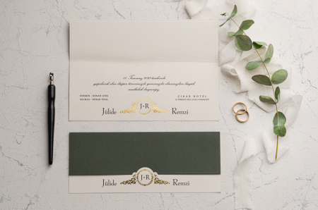Nunta - Invitatie de nunta eleganta verde cu model auriu - cod 9146