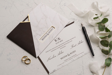 Nunta - Invitatie de nunta eleganta alb negru cu model de marmura si auriu - cod 9152