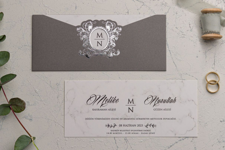 Nunta - Invitatie de nunta eleganta gri cu decupaj argintiu - cod 9167