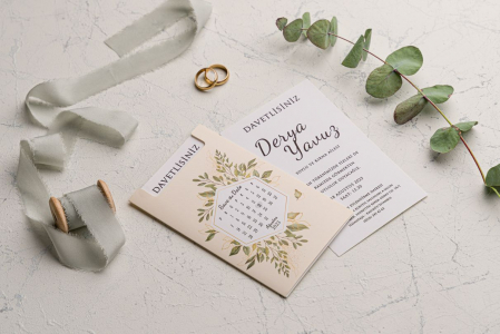 Nunta - Invitatie de nunta crem / bej cu frunze si calendar - cod 9172