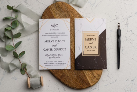Nunta - Invitatie de nunta eleganta alba cu maro si model de marmura - cod 9175