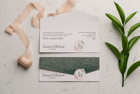 Nunta - Invitatie de nunta verde cu model de frunze si decupaj auriu - cod 9177