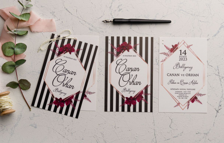 Invitatie de nunta alb negru cu flori si snur - cod 9185 [1]