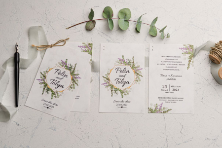 Invitatie de nunta alba cu frunze si flori mov - cod 9186 [1]