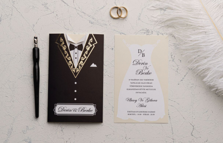 Invitatie de nunta tip mire si mireasa cu model auriu - cod 9195 [1]