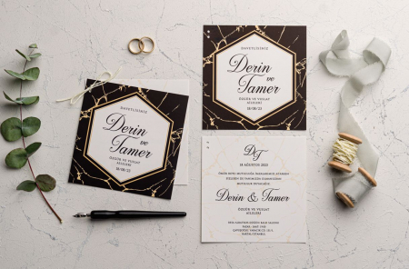 Nunta - Invitatie de nunta eleganta maro cu model auriu - cod 9197