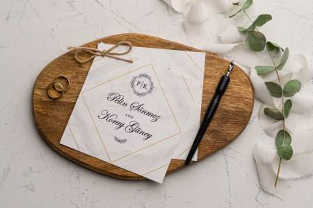 Nunta - Invitatie de nunta eleganta alba cu auriu si frunze - cod 9201