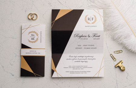 Nunta - Invitatie de nunta eleganta cu model crem / bej si negru - cod 9208