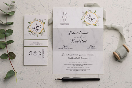 Nunta - Invitatie de nunta eleganta alba cu frunze si inel de hartie - cod 9209