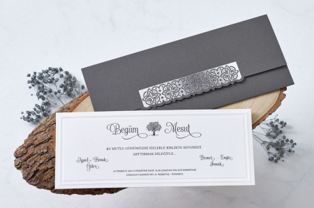 Nunta - Invitatie de nunta eleganta gri cu model argintiu - cod 1112