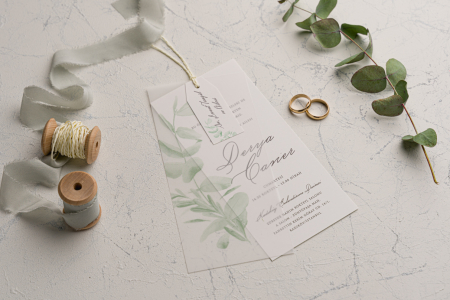 Nunta - Invitatie de nunta delicata cu frunze si snur - cod 9233