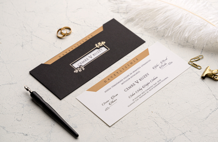 Nunta - Invitatie de nunta eleganta maro cu decupaj auriu - cod 9235