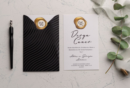 Nunta - Invitatie de nunta eleganta neagra cu model de sigiliu - cod 9238