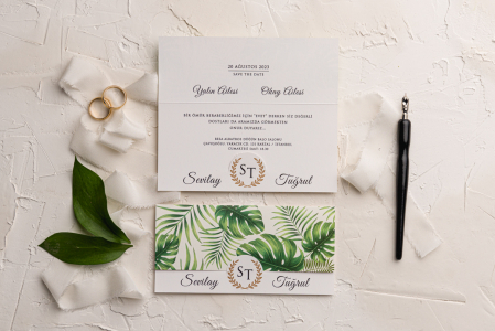 Nunta - Invitatie de nunta alba cu frunze si decupaj auriu - 9246