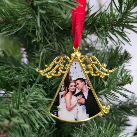 Glob foto - Ornament metalic pentru brad personalizat - Ingeras auriu