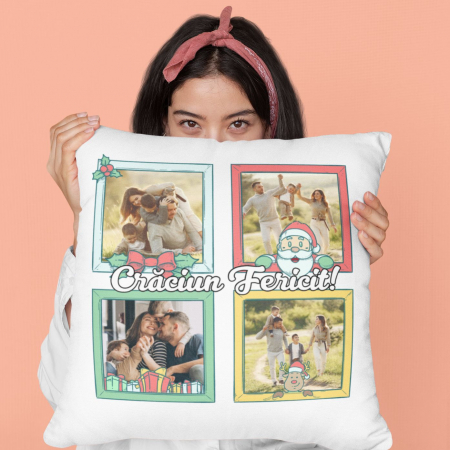 Cadouri De Sezon - Perna personalizata cu 4 poze - Craciun Fericit