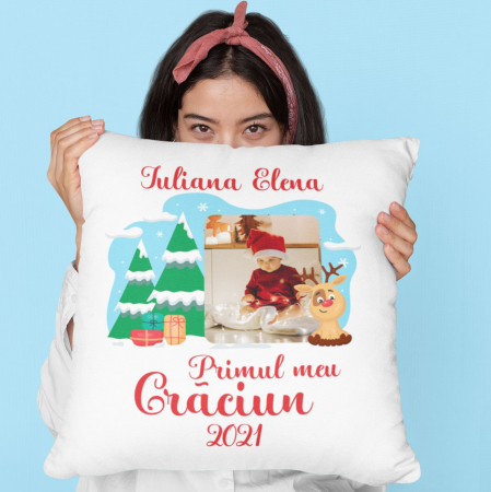 Perne personalizate - Perna Personalizata Cu Poza - Primul Meu Craciun