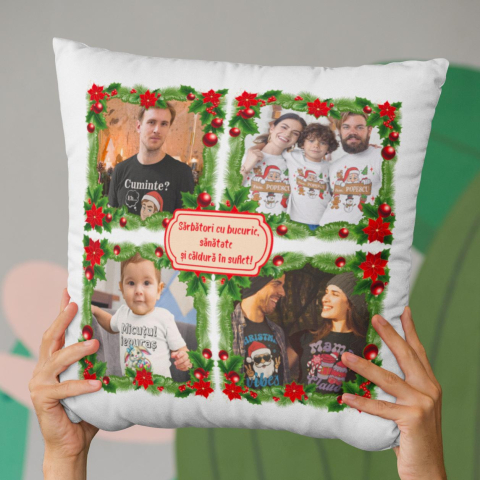 Perne Pentru Cupluri - Perna Personalizata de Craciun - Mesaj cu 4 Poze