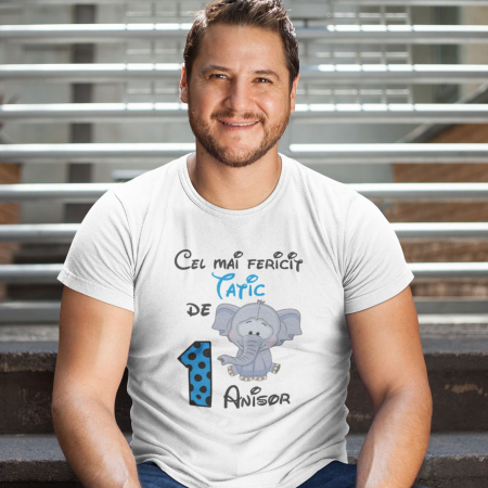 Lichidari de stoc - Promotie Tricou Barbat L Personalizat - Cel mai fericit tatic 1 An Elefantel