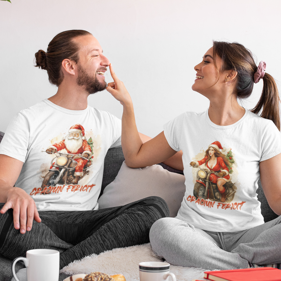 Set 2 Tricouri Cuplu Personalizate - Craciun fericit! Cuplu cool pe motor [2]