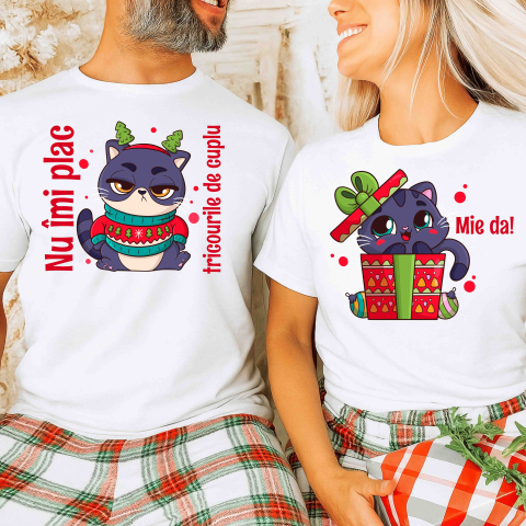 Tricouri Craciun - Set 2 Tricouri Cuplu Personalizate Craciun - Nu-mi plac tricourile de cuplu / Mie da