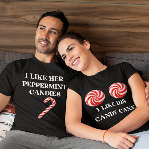 Tricouri Craciun - Set 2 Tricouri Cuplu Personalizate - I Like Her Peppermint Candies I Like His Candy Cane