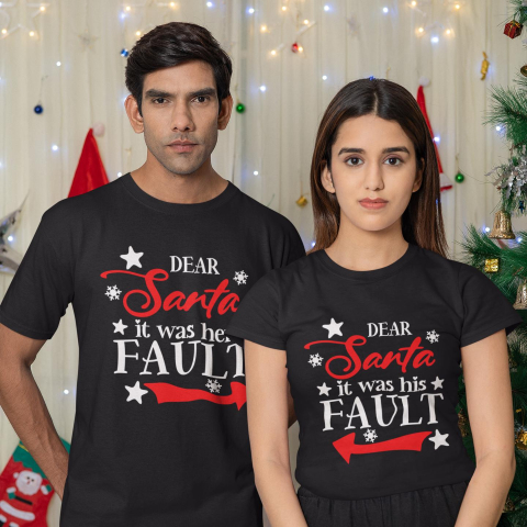 Tricouri Craciun - Set 2 Tricouri Cuplu Personalizate - Santa it was her/his fault