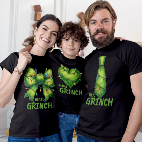 Tricouri Craciun - Set 3 Tricouri Personalizate Craciun - Mr Grinch, Mrs Grinch si Mini/Baby Grinch