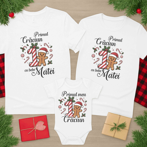 Tricouri Craciun - Set 3 Tricouri Personalizate si Body - Primul Craciun cu bebe baietel nume