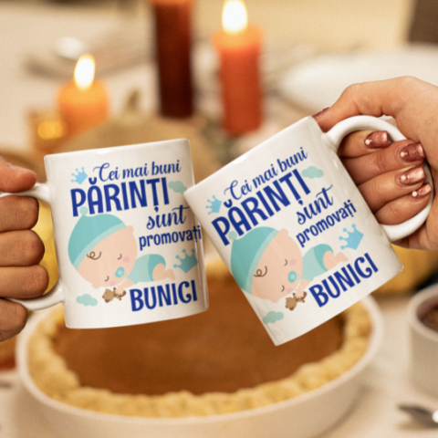 Set 2 Cani Personalizate Cuplu - Cei mai buni parinti promovati bunici baietel  