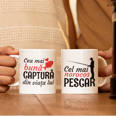 Cani personalizate - Set 2 Cani Personalizate cuplu - Cel mai norocos pescar cea mai buna captura  