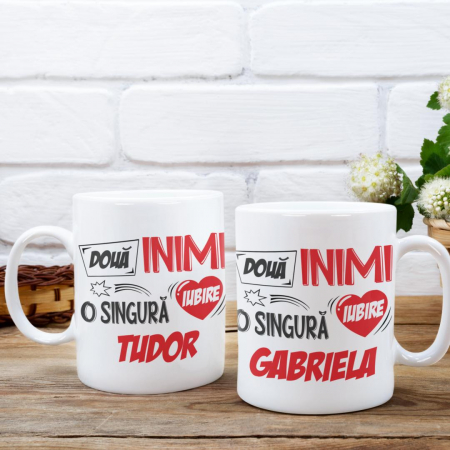 Cani Romantice - Set 2 Cani Personalizate cuplu - Doua inimi o singura iubire + Nume  