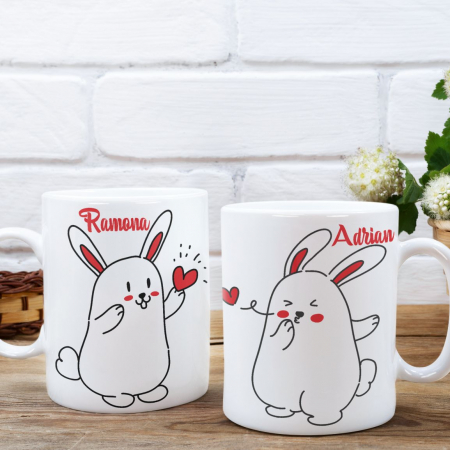 Cani de Cafea - Set 2 Cani Personalizate cuplu - Iepurasi Iubiti Cu Nume  