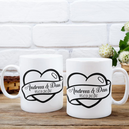 Cani Romantice - Set 2 Cani Personalizate cuplu - Inima cu nume si data  