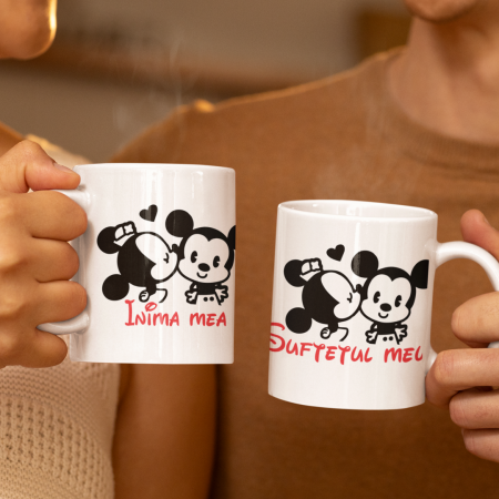 Cani Romantice - Set 2 Cani Personalizate cuplu - Mickey si Minnie inima si sufletul  