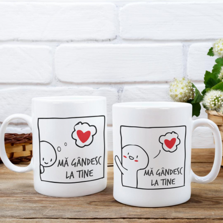 Cani Romantice - Set 2 Cani Personalizate cuplu - Ma gandesc la tine  