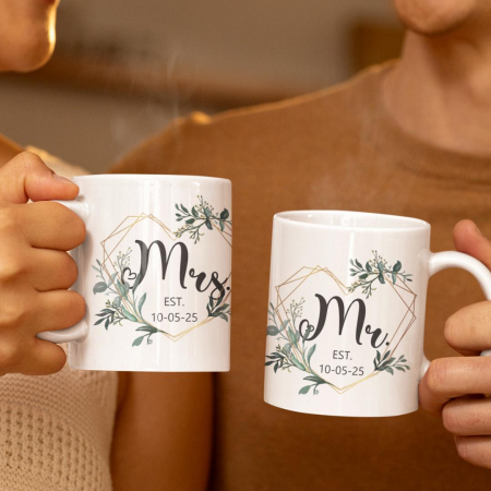 Cani Romantice - Set 2 Cani Personalizate cuplu - Mr si Mrs cu data nuntii  