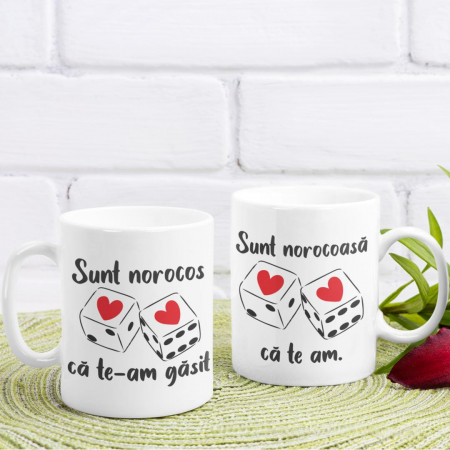 Cani Romantice - Set 2 Cani Personalizate cuplu - Norocos ca te-am gasit  Norocoasa ca te am  