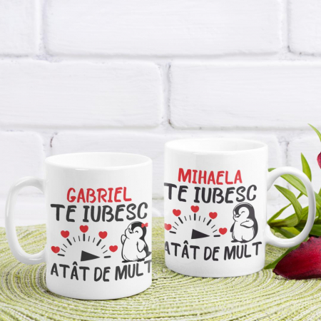 Cani Romantice - Set 2 Cani Personalizate cuplu - Te iubesc atat de mult + Nume  