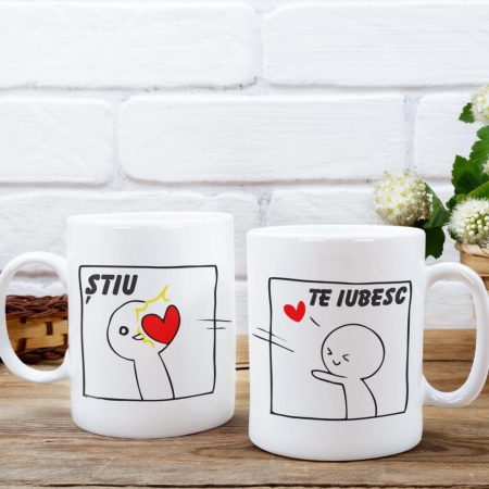 Cani Romantice - Set 2 Cani Personalizate cuplu - Te iubesc / Stiu  