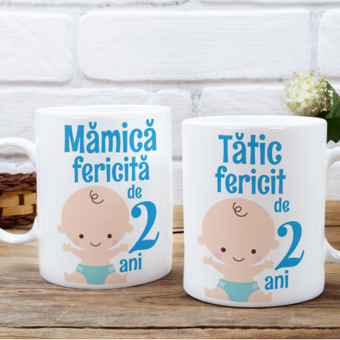 Cani personalizate - Set 2 Cani Personalizate - Mamica si tatic fericit de 2 ani bebe baietel  