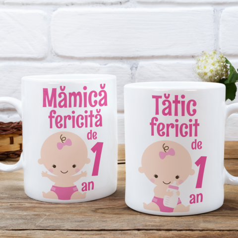 Cani personalizate - Set 2 Cani Personalizate - Mamica si tatic fericit de 1 an bebe fetita  