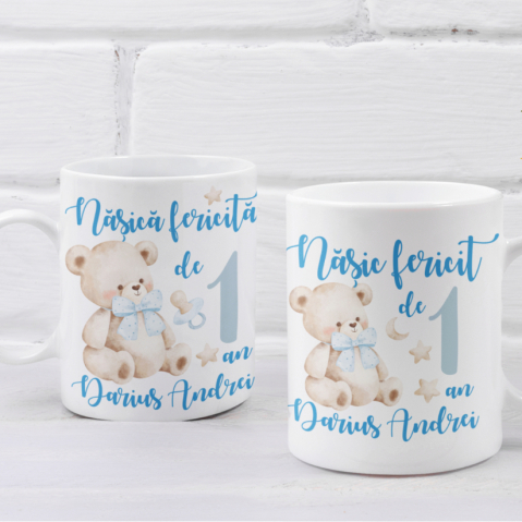Cani personalizate - Set 2 Cani Personalizate - Nasica si nasic fericiti de 1 an baietel ursulet cu nume  