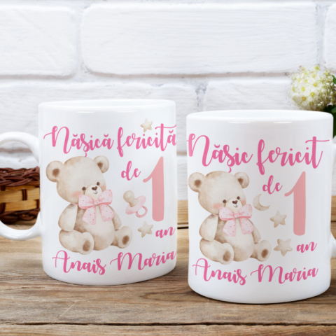 Cani personalizate - Set 2 Cani Personalizate - Nasica si nasic fericiti de 1 an fetita ursulet cu nume  
