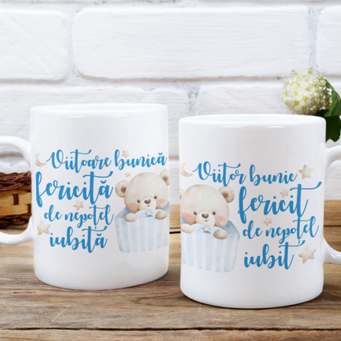 Cani personalizate - Set 2 Cani Personalizate - Viitori bunici fericiti de nepotel iubiti ursulet  